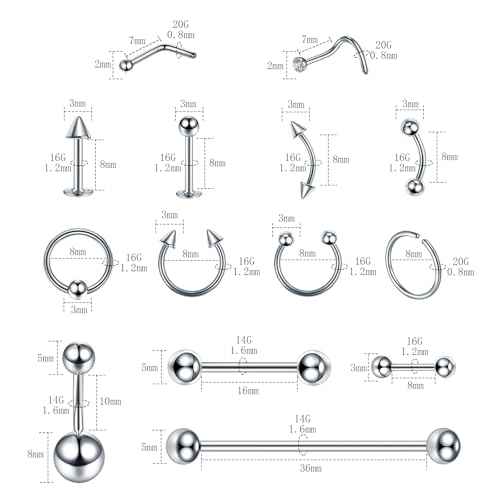 120PCS Body Piercing Kit Surgical Steel 14G 16G 20G BCR CBR Labret Lip Rings Cartilage Daith Earrings Nose Septum Nose Studs Belly Button Rings Jewelry Needles Gloves Clamps Tools