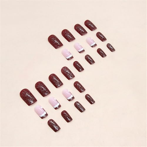 Press on Nails Short Square Christmas Fake Nails Tips Glossy Nails Red False Nails with Glue on Nails Stick on nails for Women and Girls