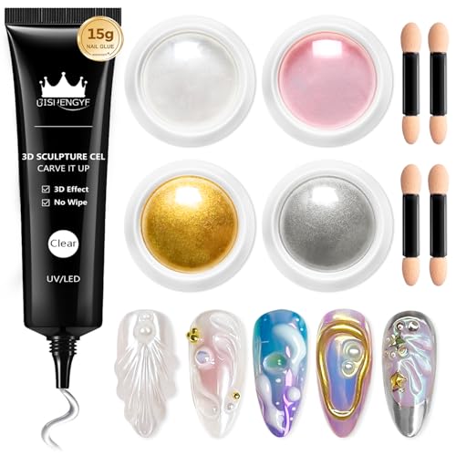 3D Nail Gel and Chrome Nail Powder BISHENGYF - 15g No Wipe 3D Sculpting Gel with Rose Gold Pink White Chrome Powder Non-Sticky Nail for Home Art DIY