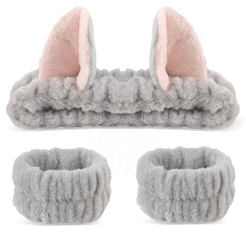 Cat Ears Headband, 3PCS Cute Spa Headbands and Wristband Set, Animal Ears Headbands for Washing Face Soft Elastic Skincare Headband Makeup Facial Hairband for Women Girls, Grey