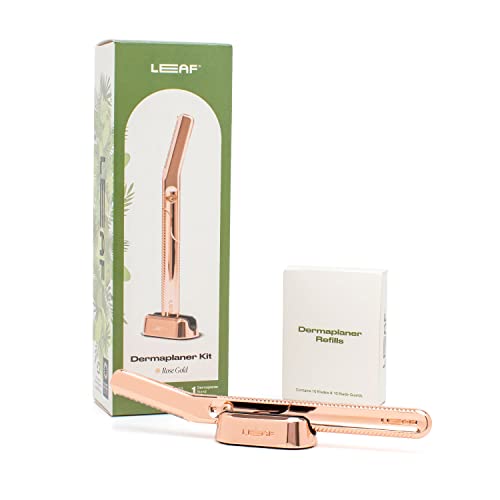 Leaf Shave | Leaf Dermaplaner Kit, All-Metal Reusable Dermaplane Razor and Exfoliating Tool for Women, Includes Matching Stand and 10-Pack of Refills - Rose Gold
