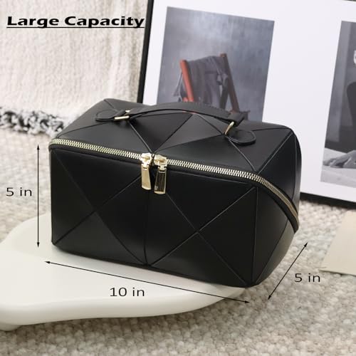 IMCUZUR Travel Makeup Bag Large Cosmetic Bag for Women, Open Flat Make up Bag Portable Skincare Bag with Handle (Black)