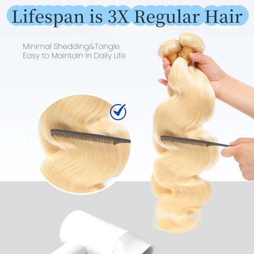 613 Bundles Human Hair 14 16 18Inch Blonde Body Wave Bundles 100% Unprocessed 16A Brazilian Virgin Hair 3 Bundles Human Hair Body Wave Hair Extensions for Women can be Dyed Bleached
