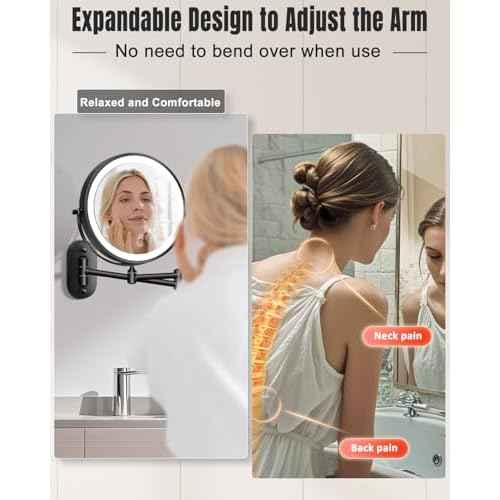30X/1X Wall Mounted Lighted Makeup Mirror, 8'' Double Sided Rechargeable Magnifying Bathroom Mirror with Light, 3 Color Lights Touch Dimmable Extended Arm 360 Rotation Light up Mirrors