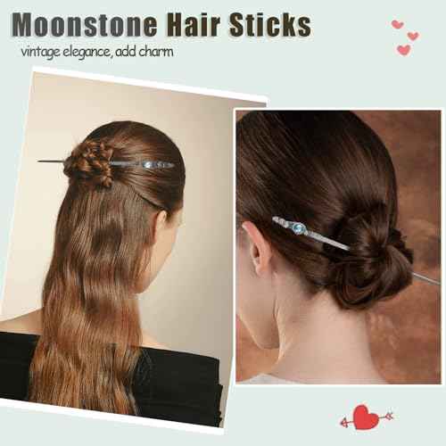 6 PCS Moonstone Hair Sticks Shinny Moonstone Metal Hairpins Vintage Chinese Style Hair Chopsticks for Women Girls Long Hair Elegant Hair Accessories