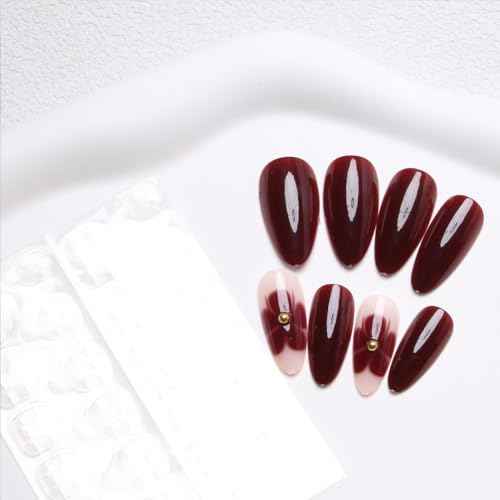 24Pcs Flower Press on Nails Almond Red Fake Nails with Cute Floral Design Spring Wine Red Glue on Nails Medium Length Full Cover Stick on Nails for Women Acrylic False Manicure
