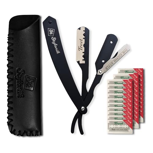 Professional Straight Edge Barber Razor ? 60 Single/30 Double-Sided Stainless Steel Blades for Men & Women, with Leather Case (Silver)