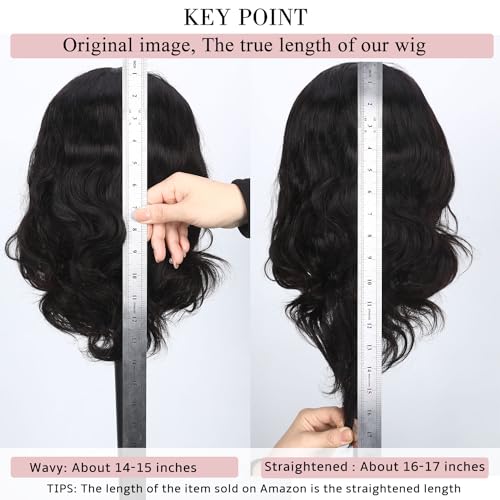 Fancy Hair Natural Wavy Human Hair Wig with Bangs Glueless Body Wave Brazilian Virgin Human Hair Wigs with Bangs for Black Women Natural Black 16 inches