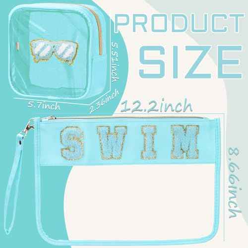 2 Pcs Swim Bag Cosmetic Makeup Bag with Chenille Letter Patch, Clear Pouch PVC Organizer Purse, Waterproof Travel Beach Bag, Portable Toiletry Storage Bag