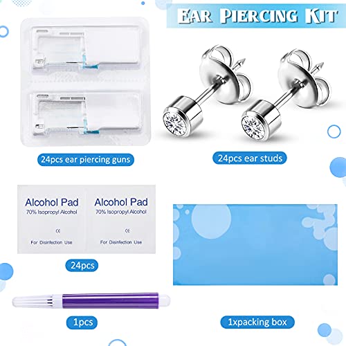 Chumia 24 Pieces Self Ear Piercing Tool Disposable Kit Household Ear Piercing Tools Safety Portable Nose Tools with 24 Pieces Crystal Earring Studs