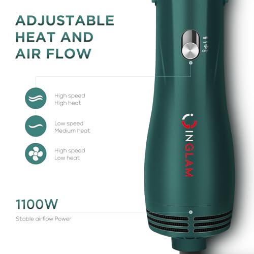 IG INGLAM Hair Dryer Brush, 4-in-1 Detachable Blow Dryer Brush, Ionic Diffuser Hair Dryer & Styler Volumizer with Oval Titanium Barrel, One-Step Hot Air Blowout Styler, Dark Green
