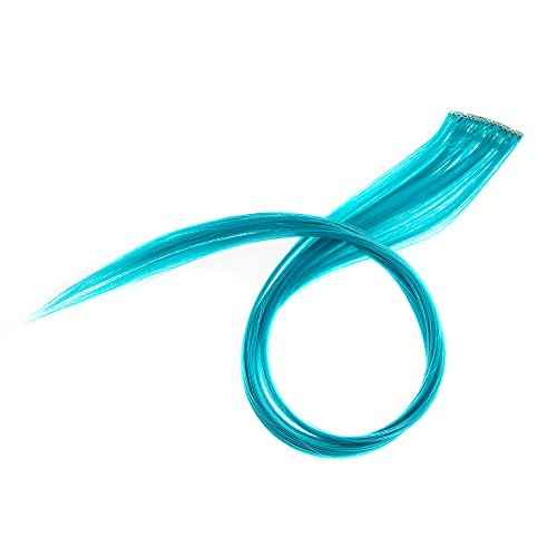 SWACC 12 Pcs Straight One Color Party Highlights Clip on in Hair Extensions Colored Hair Streak Synthetic Hairpieces (Teal Blue)