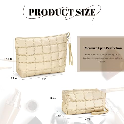 Richeart Makeup Bag Travel Toiletry Bag - Checkered Down Cotton Makeup Pouch for Women with Cosmetic and Pencil, Aesthetic Khaki Design, 2 Pieces