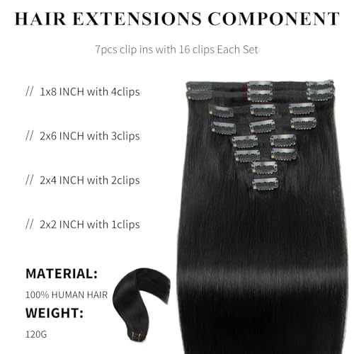 Clip in Hair Extensions Real Human Hair, 100% Brazilian Virgin Real Human Hair 7pcs Per Set with 16Clips Double Weft for Women (20 Inch, 120g, 1B Natural Black)
