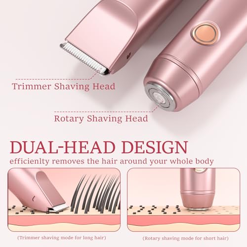 2 in 1 Bikini Trimmer for Women: Electric Razor & Shaver [IPX7 Waterproof] with Dual Heads for Body Pubic Hair - Rechargeable Lady Facial Trimmer for Underarm Leg Arm Face