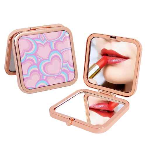 Cute Pink Compact Mirror for Women, Small Magnifying Travel Mirror, Portable 2 x 1x Magnification Folding Pocket Makeup Mirror Cosmetic Mirror for Gift Travel Essentials
