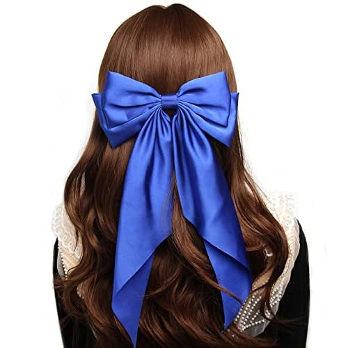 Furling Pompoms Hair Bows for Women,Large Satin Silky Hair Bow Clips Ribbon Long Tail French Barrette Hair Clamps Girls Hair Accessories Party Wedding Christmas Thanksgiving (Popular Colors)