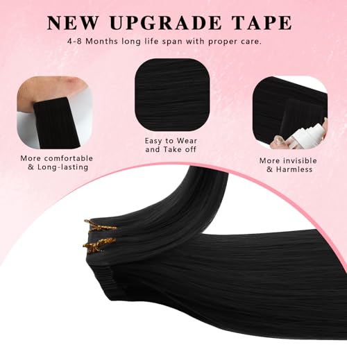 ABH AMAZINGBEAUTY HAIR Invisi Edge Tape in Hair Extensions Real Human Hair, Seamless Injected Hand-Tied Virgin Human Hair Pro Quality Tape ins 20PCS 50G/Pack, Jet Black #1 20 Inch