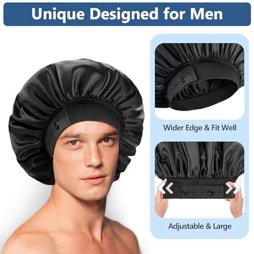 Silk Bonnets for Men, Satin Bonnet for Sleeping, Adjustable Hem & Double Layer, Large Sleep Bonnet for Curly Hair Braids Stay on All Night (Black)