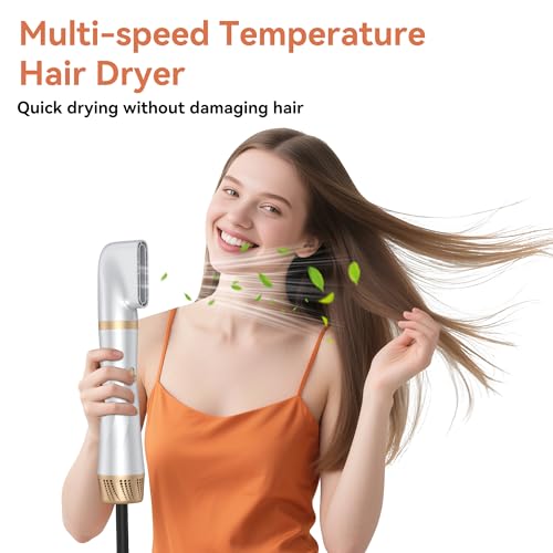 5 in 1 Blow Dryer Brush,110-120V Hair Dryer Brush, Fast Drying & 3 Adjustable Temperatures Hot-Air Hair Brushes, Detachable Hot Air Styler Set for Curling/Volumizing/Straightening/Styling (White Gold)