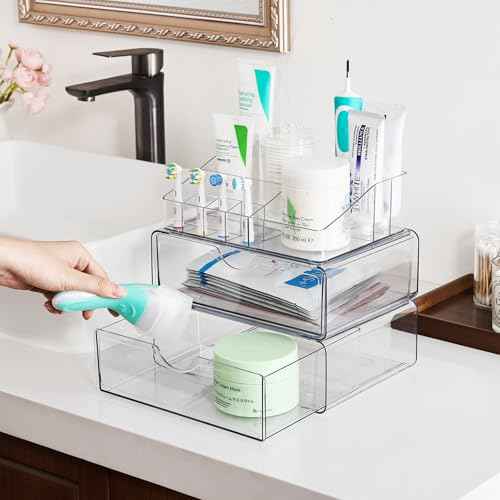 Vtopmart 3 Tier Clear Makeup Organizer with Drawer, Cosmetic Storage for Dresser Countertop and Bathroom Vanity, Beauty Holder for Lipstick Brush Skincare