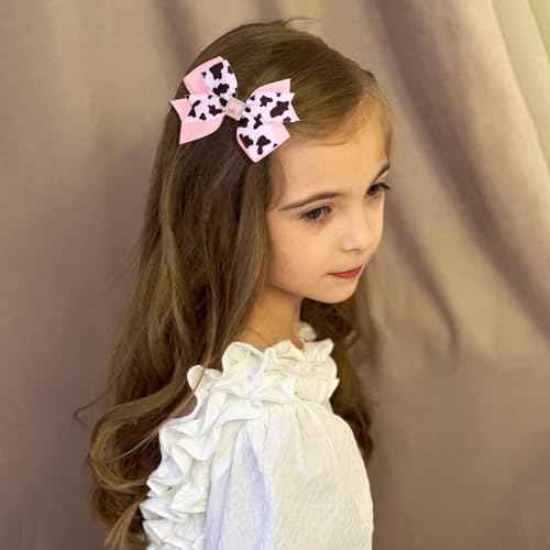 2 Pcs Pink Cow Hair Bow Clips, 4.3 Inch Animal Print Ribbon Bowknot Alligator Barrettes, Cute Print Hairpins Bows Barrettes for Cowgirls Theme Birthday Party Dress Outfit Costume Decor Accessories