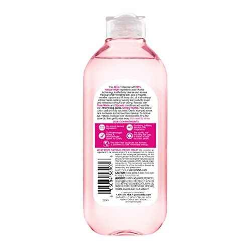 Garnier Micellar Water with Rose Water and Glycerin, Hydrating Facial Cleanser & Makeup Remover, For All Skin Types, Vegan, Cruelty Free, 13.5 Fl Oz (400mL), 1 Count