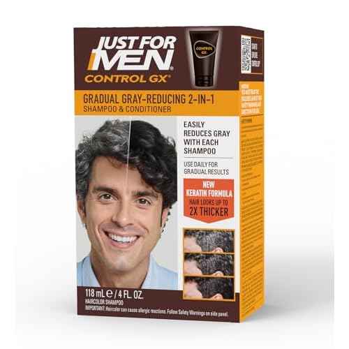 Just for Men Control GX Grey Reducing 2-in-1 Shampoo and Conditioner, Gradual Hair Color with Keratin for Stronger Thicker and Healthier Looking Hair, 4 Fl Oz - Pack of 1 (Packaging May Vary)