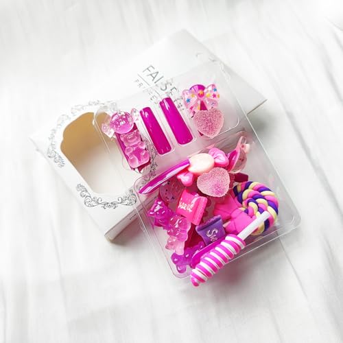 24Pcs Purple Press on Nails Christmas Kawaii Fake Nails Long Square False Nails with 3D Christmas Candy Design Cute Bear Patterns Acrylic Nails Jelly Press on Nails for Women and Girls Xmas Manicure