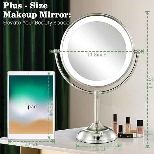 VESAUR 11.8" Extra Large 17" Tall Lighted Makeup Mirror, 1X/5X/10X 3-Sided Magnifying Mirror with 96 LEDs, 3 Color Dimmable Lights, 360¡Æ Swivel Dual Power Vanity Mirror, Nickel Finish - Great Gift