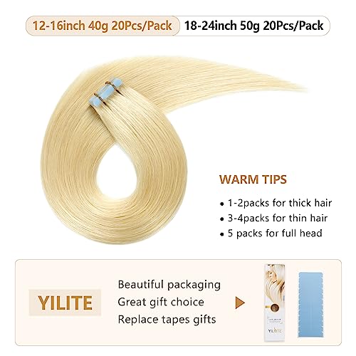 YILITE Tape in Hair Extensions Human Hair 24 inches 20pcs 50g Silky Straight Tape in Human Hair Extensions #613 Bleach Blonde(24Inch 613)