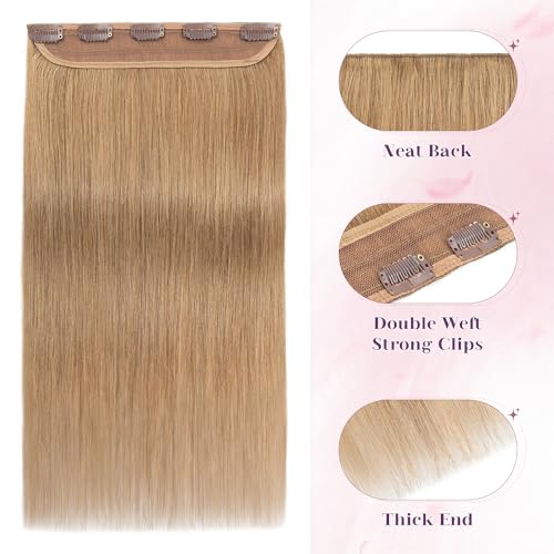 S-noilite One Piece Hair Extensions Clip in Human Hair 5 Clips 3/4 Full Head Clip on Remy Hair Extension for Women,One-Piece Design Adding Hair Volume 24 Inch 60g #Dark Blonde