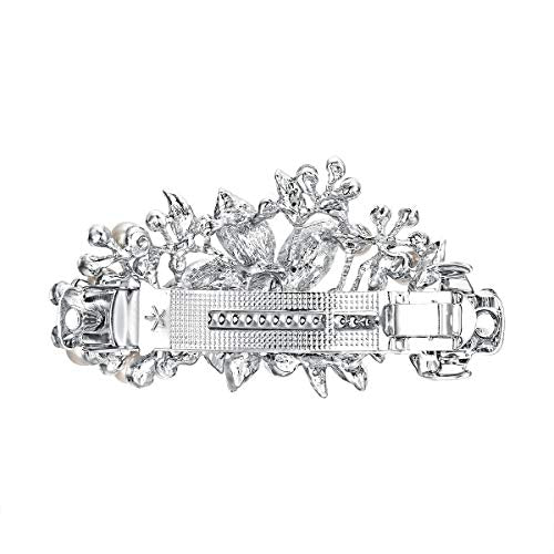 EVER FAITH Austrian Crystal Bridal Hibiscus Cream Simulated Pearl Hair Clip Barrette Blue Silver-Tone