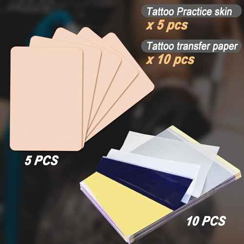 15PCS Tattoo Practice Skins with Transfer Paper, Includes 5PCS Practice Skin and 10PCS Transfer Paper for Beginners and Artists Tattoo Supplies