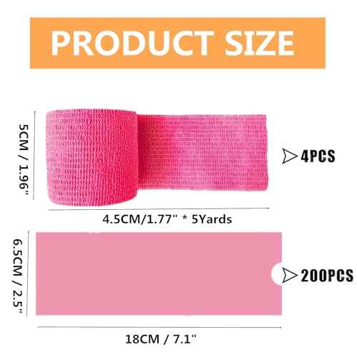Large Machine Pen Covers with Grip Tape - Yuelong 200Pcs Pink Tattoo Pen Bags and 4Pcs Grip Wrap Kit Combination Machine Sleeves Bags Self-Adhesive Grip Covers Tattoo Supplies for Artist