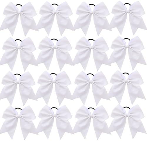16 PCS Large Glitter White Cheer Hair Bows, Shiny Cheerleading Bows Ponytail Holder for Cheerleader Girls Softball Sports and Christmas Tree Decor (Glitter White)