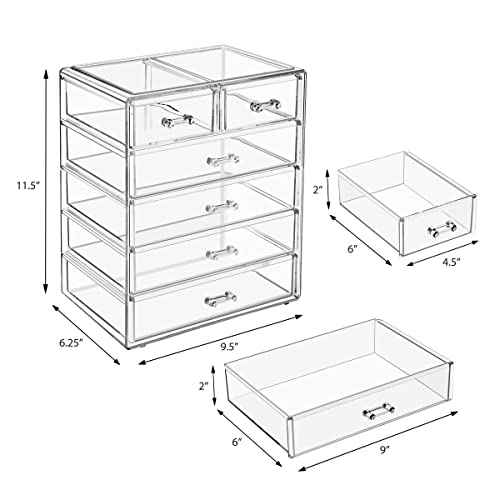 Sorbus Acrylic Makeup Organizer Set, 6-Drawer Vanity & Countertop Cosmetic Storage with Small & Wide Drawers, Clear Makeup Storage for Brushes, Lipsticks, Jewelry ? Holiday Gift for Women & Teens