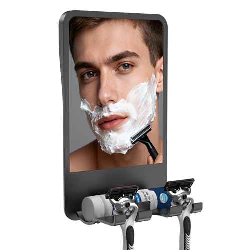 Shower Mirror for Shaving Fogless with Multifunctional Storage for Razor and Shaving Foam Canister,Adjustable Angle Mirror (Black)