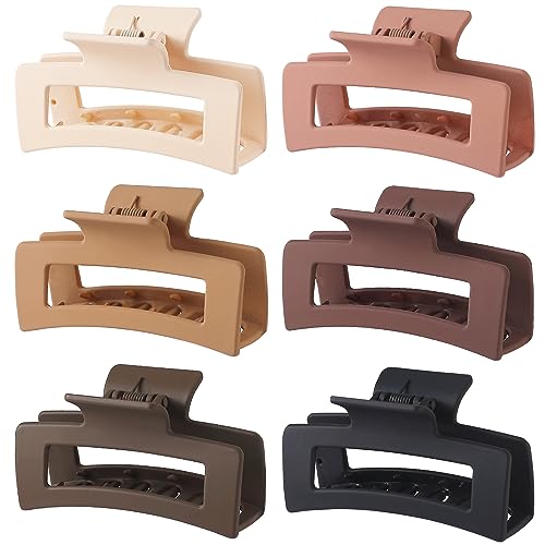 Hair Clip, 3.5 Inch Medium Square Claw Clips Rectangle Clips 6 Pack Rubber Paint Acrylic Plastic Metal, Non-Slip Design for Women Girls - Coffee