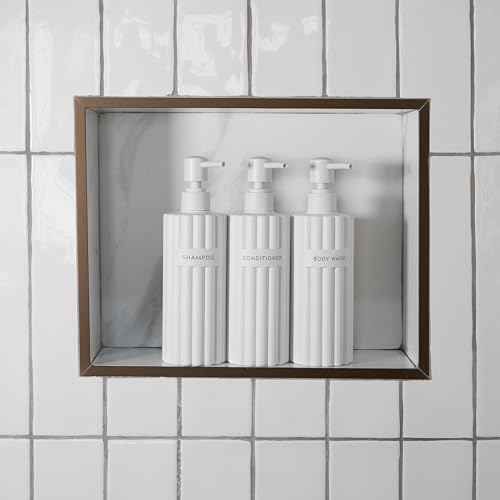 Stylish Shampoo and Conditioner Dispenser Set of 3 - Modern 19oz Shower Soap Bottles with Pump and Labels - Easy to Refill Body Wash Dispensers for an Instant Bathroom Decor Upgrade