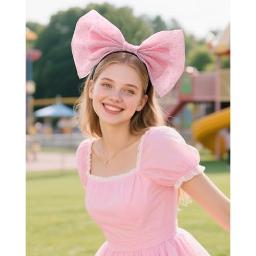 Big Pink Bow Headband - Cute Glitter Bows Headpiece for Women Girls, Fashion Bowknot Hair Accessories for Birthday Halloween Christmas Cosplay Party Costume Derss Up