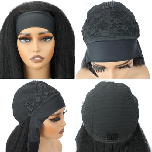 Kinky Straight Headband Wig 26 Inch Human Hair Headband Wigs for Black Women Glueless Yaki Straight Human Hair Headband Wigs Natural Black color