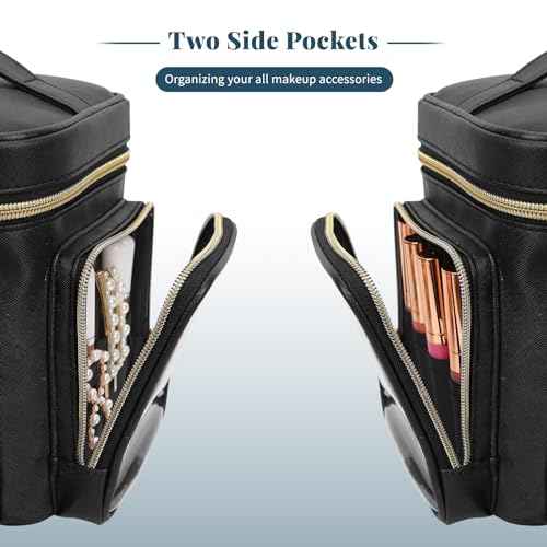 Large Makeup Bag, Portable Travel Makeup Bag Organizer for Women Girls with Makeup Brush Compartment & Two Side Pockets, Cosmetic Travel Bag Vertical Storage Toiletry Bag - Black