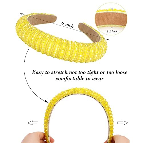 Wecoe Yellow Headband Fashion Rhinestone Padded Headband Women Cute Fancy Bling Diamond Sparkle Crystal Beaded Hairband Homecoming Prom Holiday Hair Accessories For Women Girls Birthday Gifts