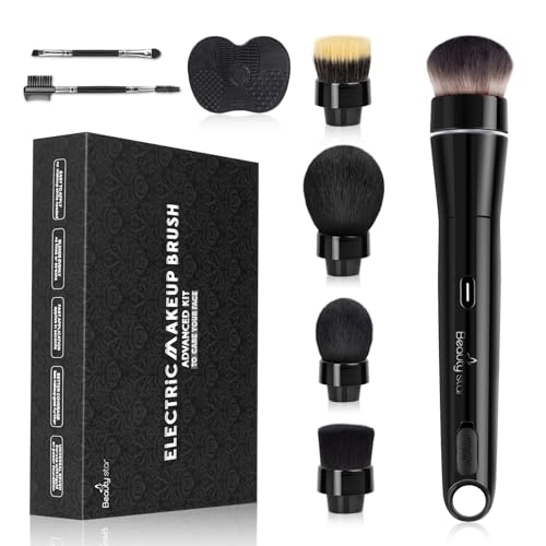 360¡Æ Electric Rotating Makeup Brush Set, 5 Vegan Brush Heads, Rechargeable Blending Face Brushes For Foundation, Blush, Powder, Bronzer, Contour, Highlight & Airbrush Finish, Flat Kabuki Brush