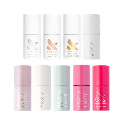 Olive & June Bestsellers Gel Polish Set | UV LED Nail Lamp Needed | Includes 6 Shades (HD, KMC, Pink Goldfish, Icing Is The Best Part, Prom, XOXO) + Gel Top Coat & Base Coat & Peel-Off Base HEMA-Free