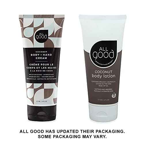 All Good Hand & Body Lotion - Moisturizing Organic Lotion for Dry Skin, Hands & Body - Essential Oils, Calendula, Cocoa Butter - Non-Greasy Body Butter, 6 fl oz (Coconut)