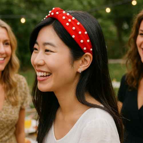 Marsrut Red Pearl Knotted Headband Women Girls, Fashion Cute Top Knot Velvet Hairband Non Slip Trendy Pretty for Valentines Christmas Easter, Beaded Wide Hair Accessories, Elegant Jeweled Embellished