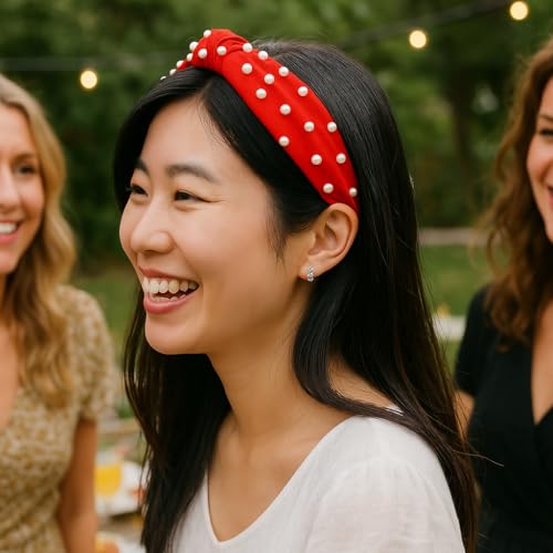 Marsrut Red Pearl Knotted Headband Women Girls, Fashion Cute Top Knot Velvet Hairband Non Slip Trendy Pretty for Valentines Christmas Easter, Beaded Wide Hair Accessories, Elegant Jeweled Embellished