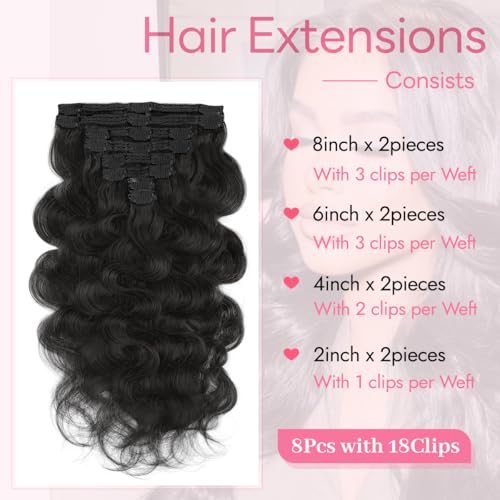 Clip in Hair Extensions Real Human Hair Body Wave 1B Natural Black Clip in 100% Brazilian Remy Human Hair Extensions 8pcs Per Set with 18 Clips Double Weft 24 Inch 120g/3.6oz